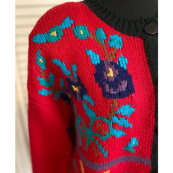 Vintage Duet Cardigan made in Hong Kong Chunky Red and Black with Floral 60/70s - Picture 2 of 5